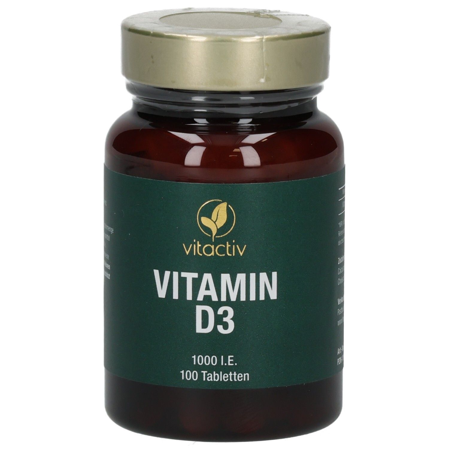 Weiße Flasche mit silbernem Deckel. Aufschrift: Vitamin D3, 800 IU. Gelbes Etikett. Nährwertdeklaration und Zutaten.