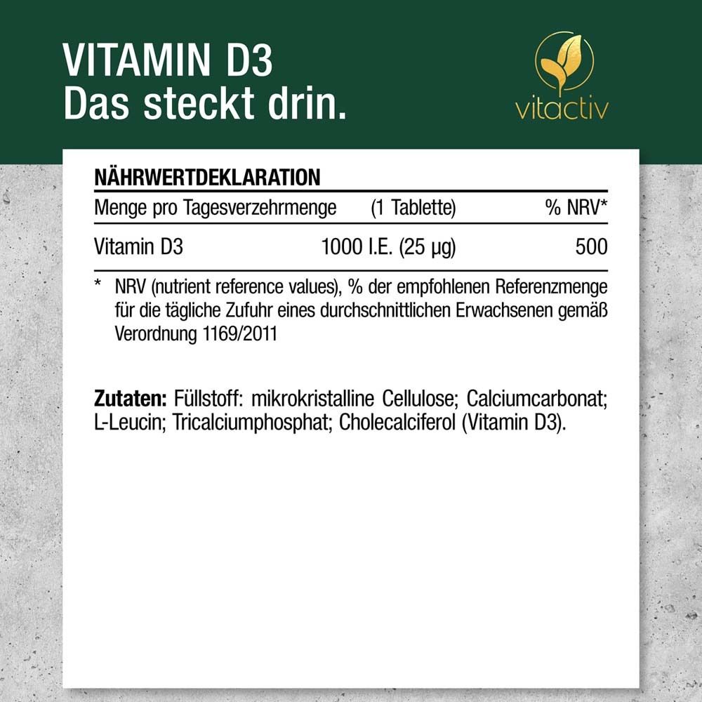 Déclaration nutritionnelle pour les comprimés de vitamine D3. Contient des informations sur les ingrédients et les valeurs nutritionnelles.