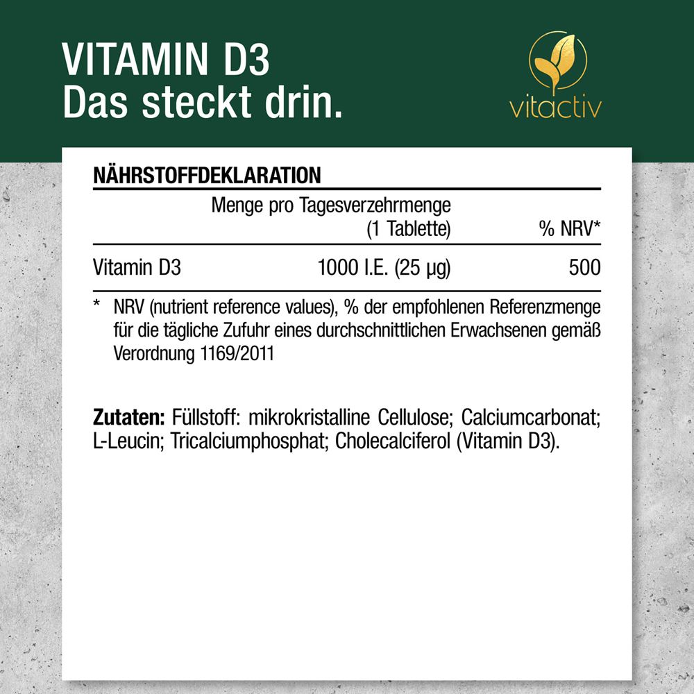 Nährwertdeklaration. Text: Vitamin D3, 1000 I.E. (25 µg), 500 % NRV. Zutatenliste.