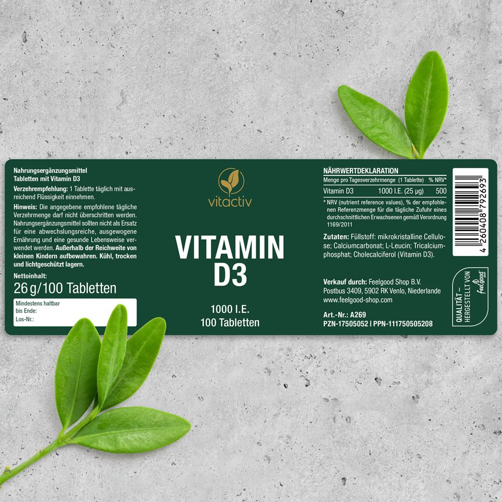 Etikett mit Nährwertdeklaration und Zutatenliste. Text: Vitamin D3, 1000 I.E. (25 µg), 100 Tabletten.