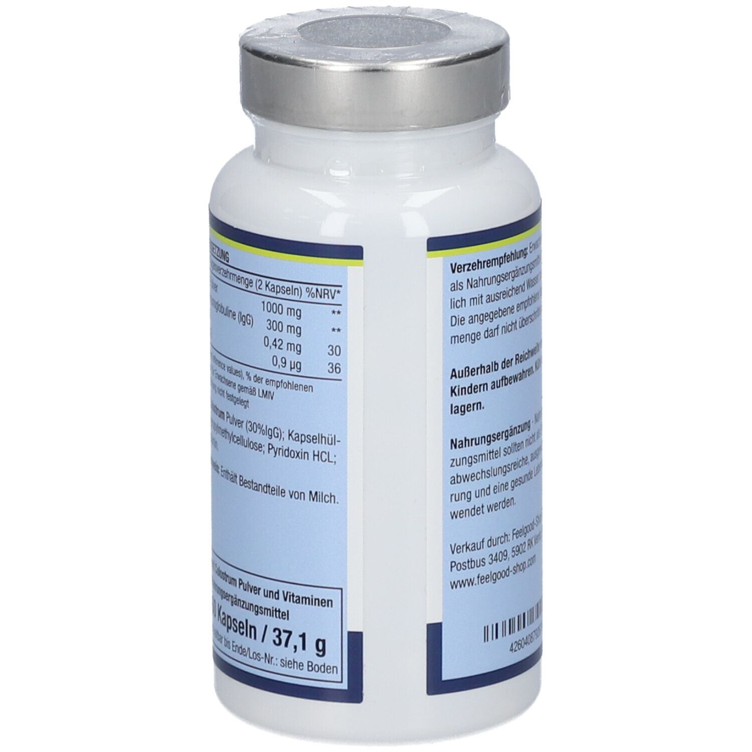 Weiße Flasche mit silbernem Deckel. Rückseite mit Text. Enthält Informationen zu Inhaltsstoffen und Verzehrempfehlung.