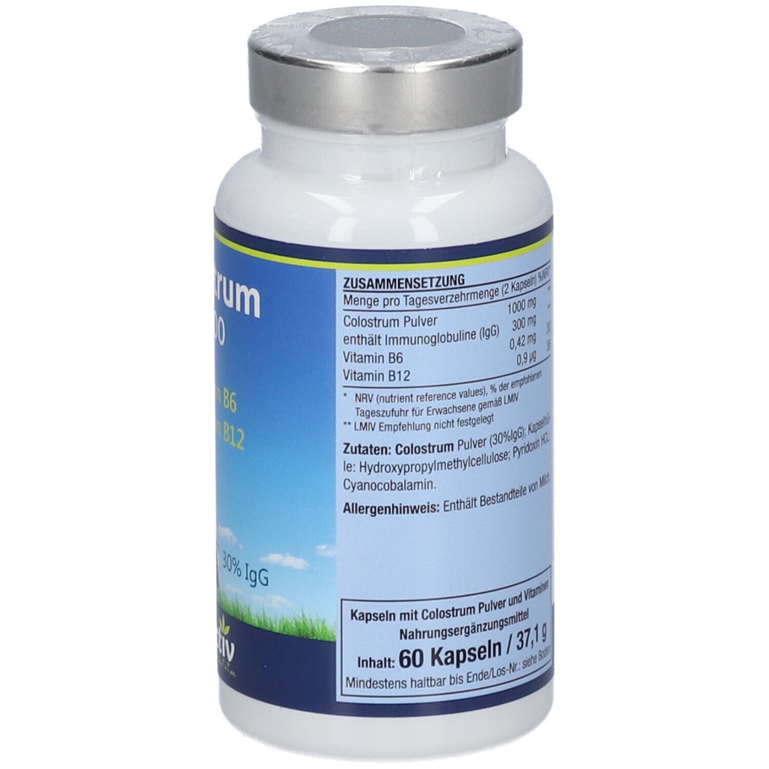 Weiße Flasche mit silbernem Deckel. Rückseite mit Text. Enthält Informationen zu Inhaltsstoffen und Verzehrempfehlung.