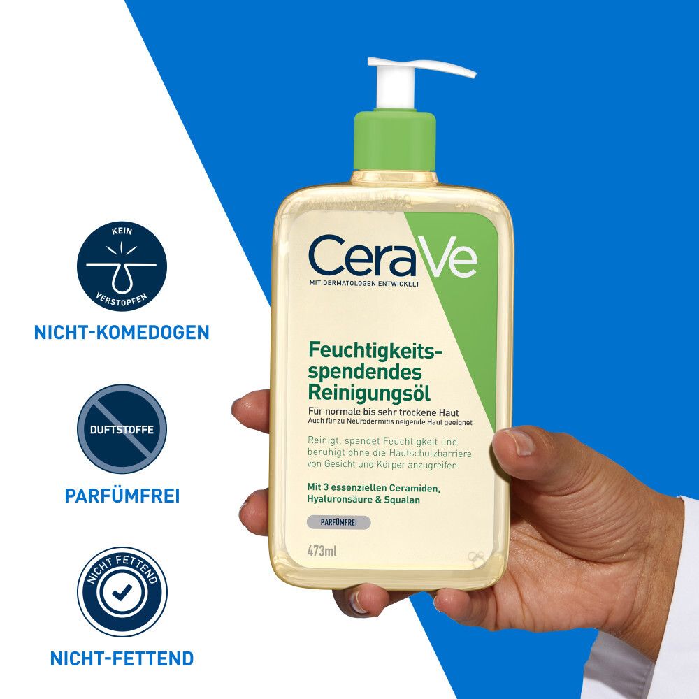 CeraVe Huile Lavante Hydratante. Flacon pompe. Texte: Non comédogène, sans parfum, non gras.