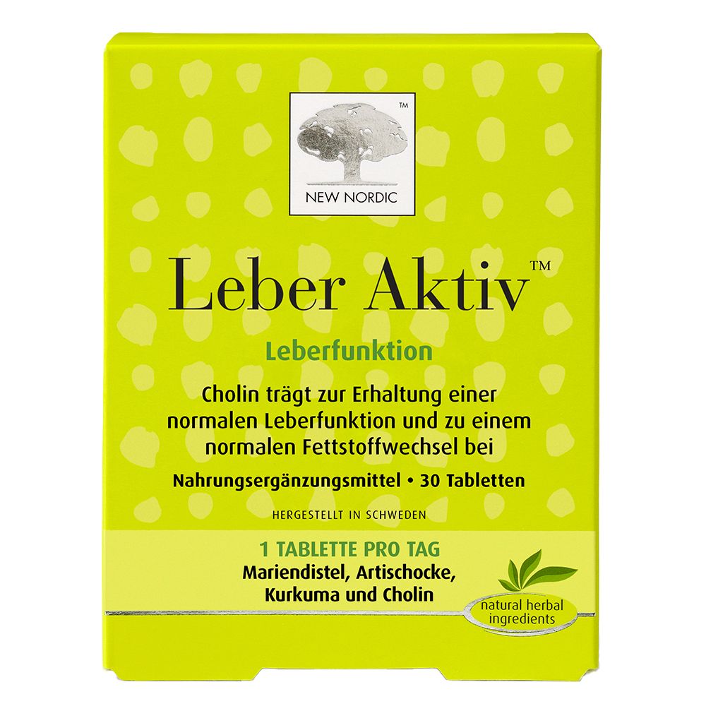 Boîte verte "Leber Aktiv". Contient 30 comprimés. Ingrédients : Chardon-Marie, artichaut, curcuma et choline.