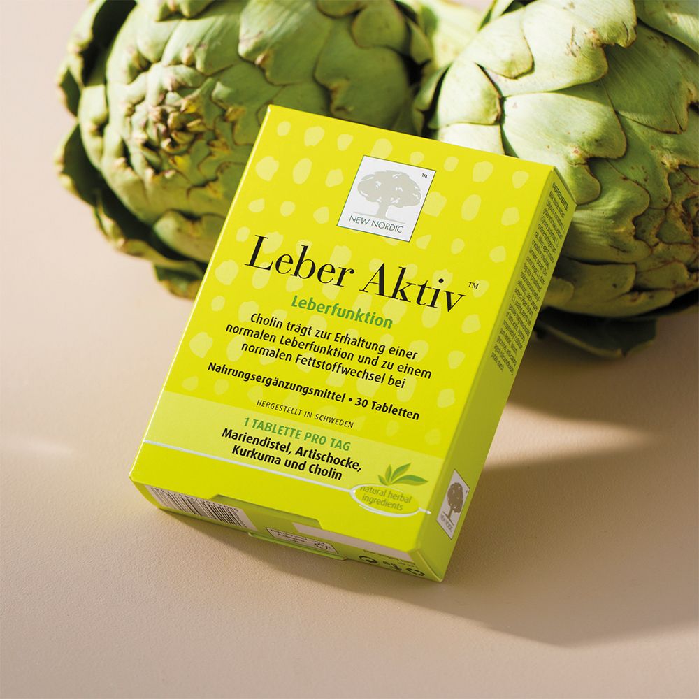 Boîte verte "Leber Aktiv" avec artichauts. Contient 30 comprimés. Ingrédients : chardon-marie, artichaut, curcuma et choline.