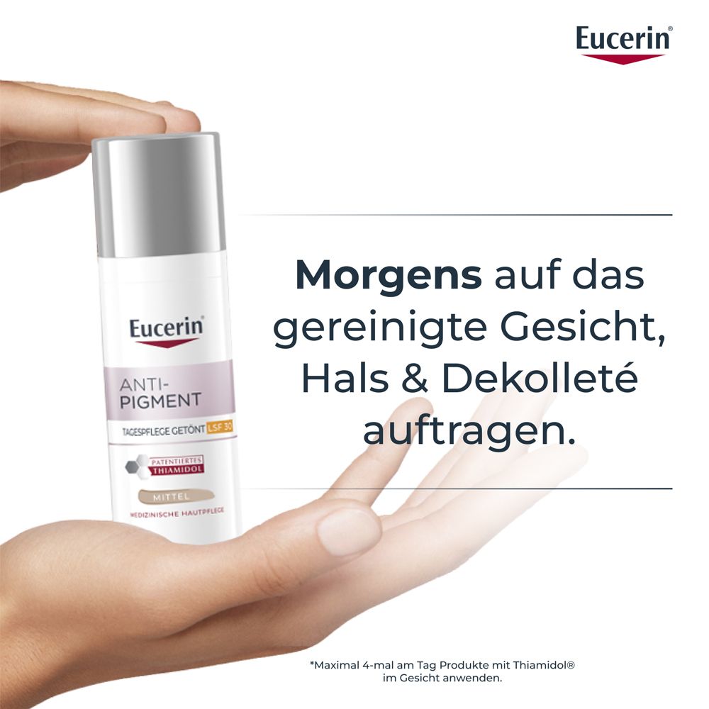 Eucerin Anti-Pigment Tagescreme mit Thiamidol®, schnell einziehende, getönte Antipigmentcreme mit LSF 30, mittel