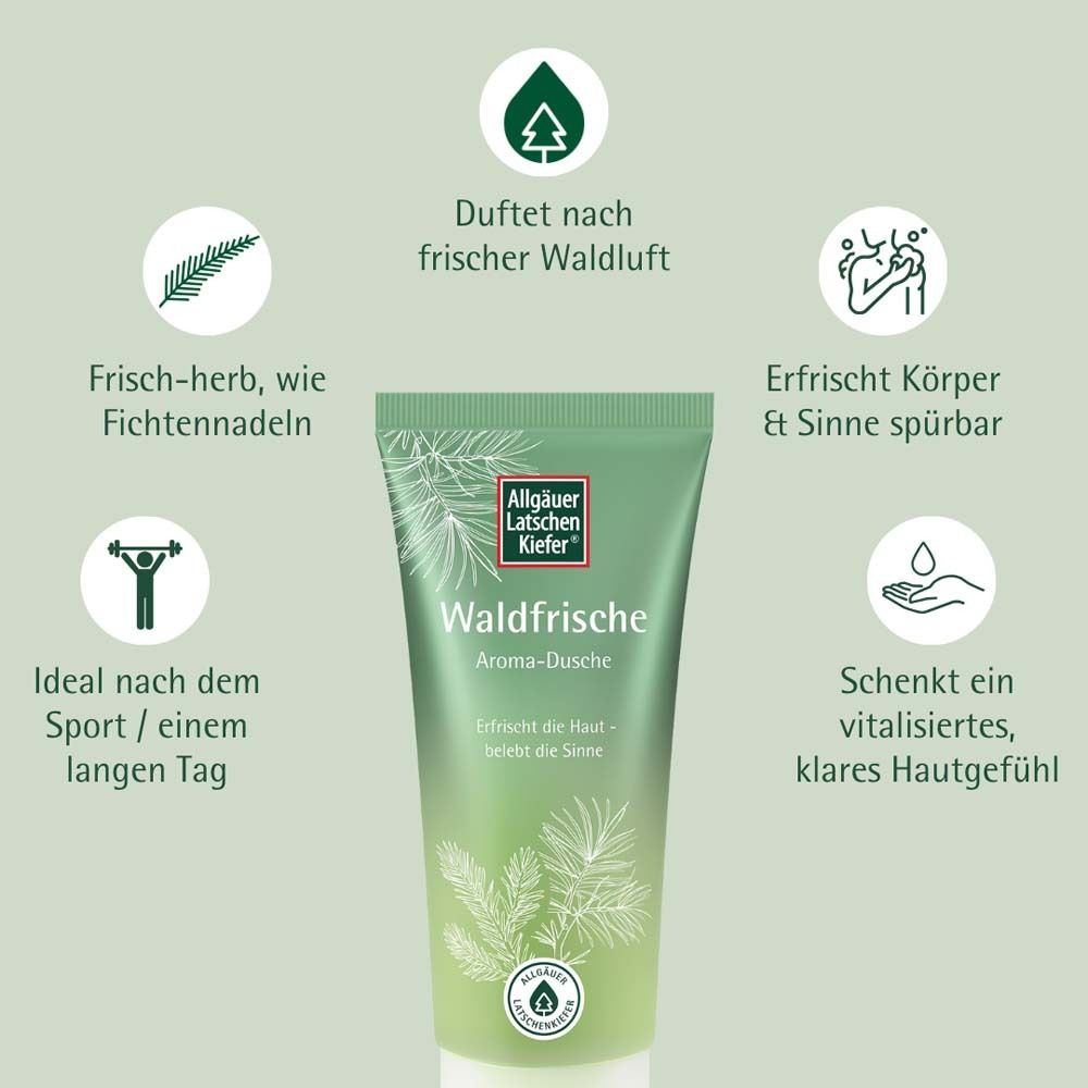 Tube verte avec impression du produit. Marque : Allgäuer Latschenkiefer. Texte : Waldfrische Aroma-Dusche. Icônes : forêt, sport, corps, peau.