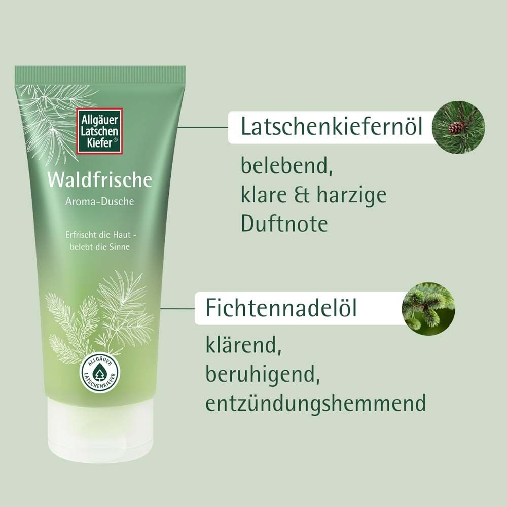 Tube verte avec impression du produit. Marque : Allgäuer Latschenkiefer. Texte : Waldfrische Aroma-Dusche. Texte : Huile de pin de montagne, huile d'épicéa.