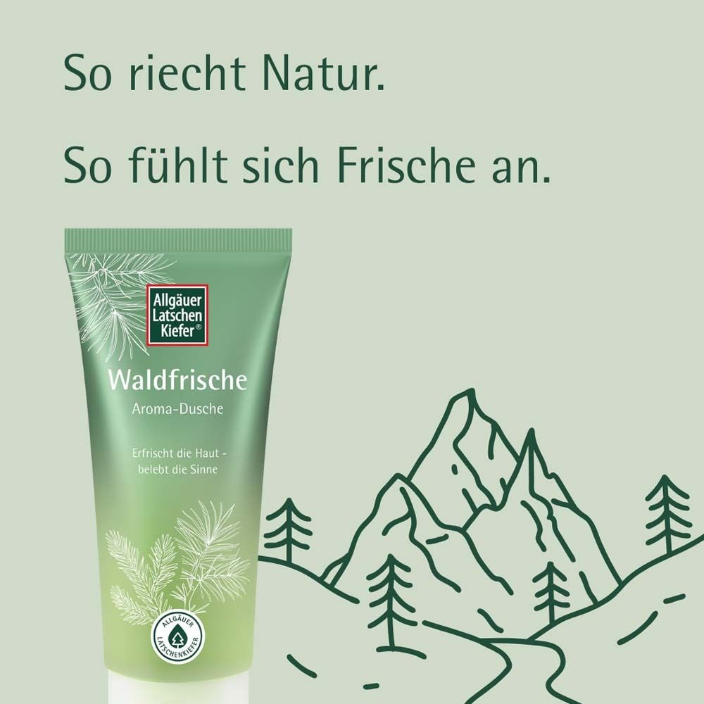 Tube "Waldfrische" avec paysage de montagne. Texte: C'est ainsi que sent la nature. Marque: Allgäuer Latschenkiefer.