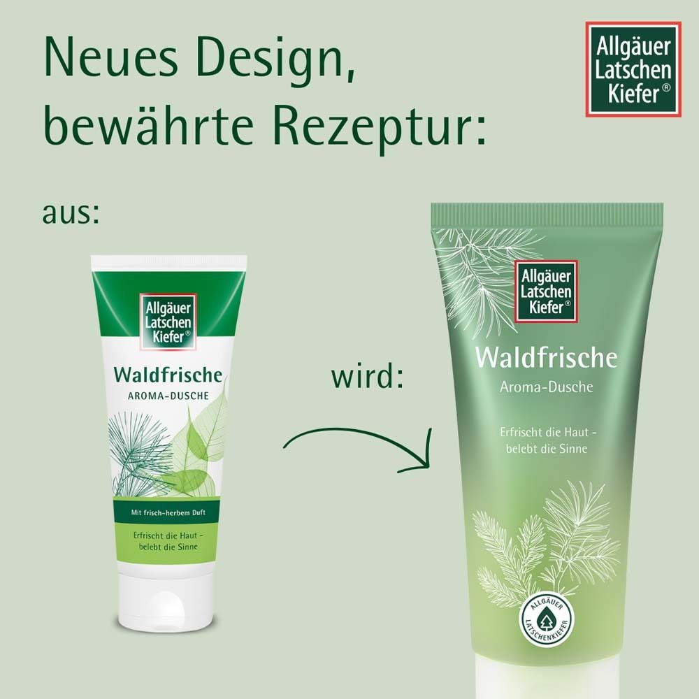 Comparaison : ancien et nouveau design. Marque : Allgäuer Latschenkiefer. Texte : Waldfrische Aroma-Dusche. Illustrations d'aiguilles de pin.
