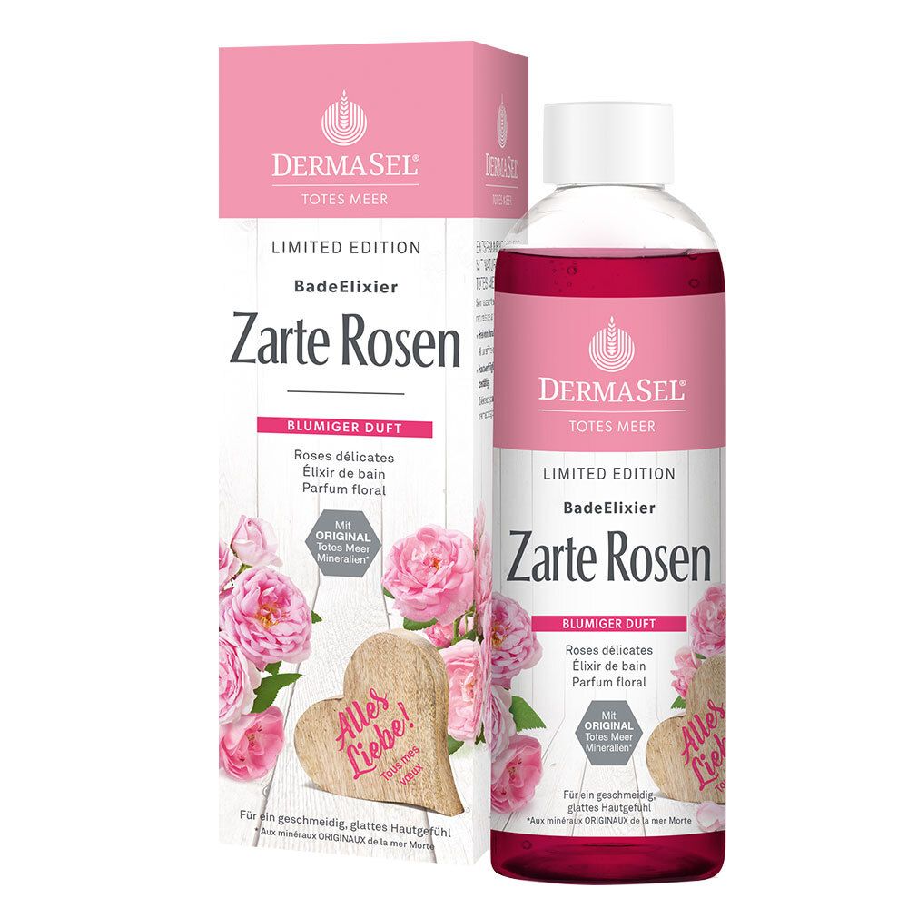 DERMASEL BadeElixir Zarte Rosen. Flasche und Verpackung. Rosa Etikett, Rosen-Dekor. "Limited Edition".
