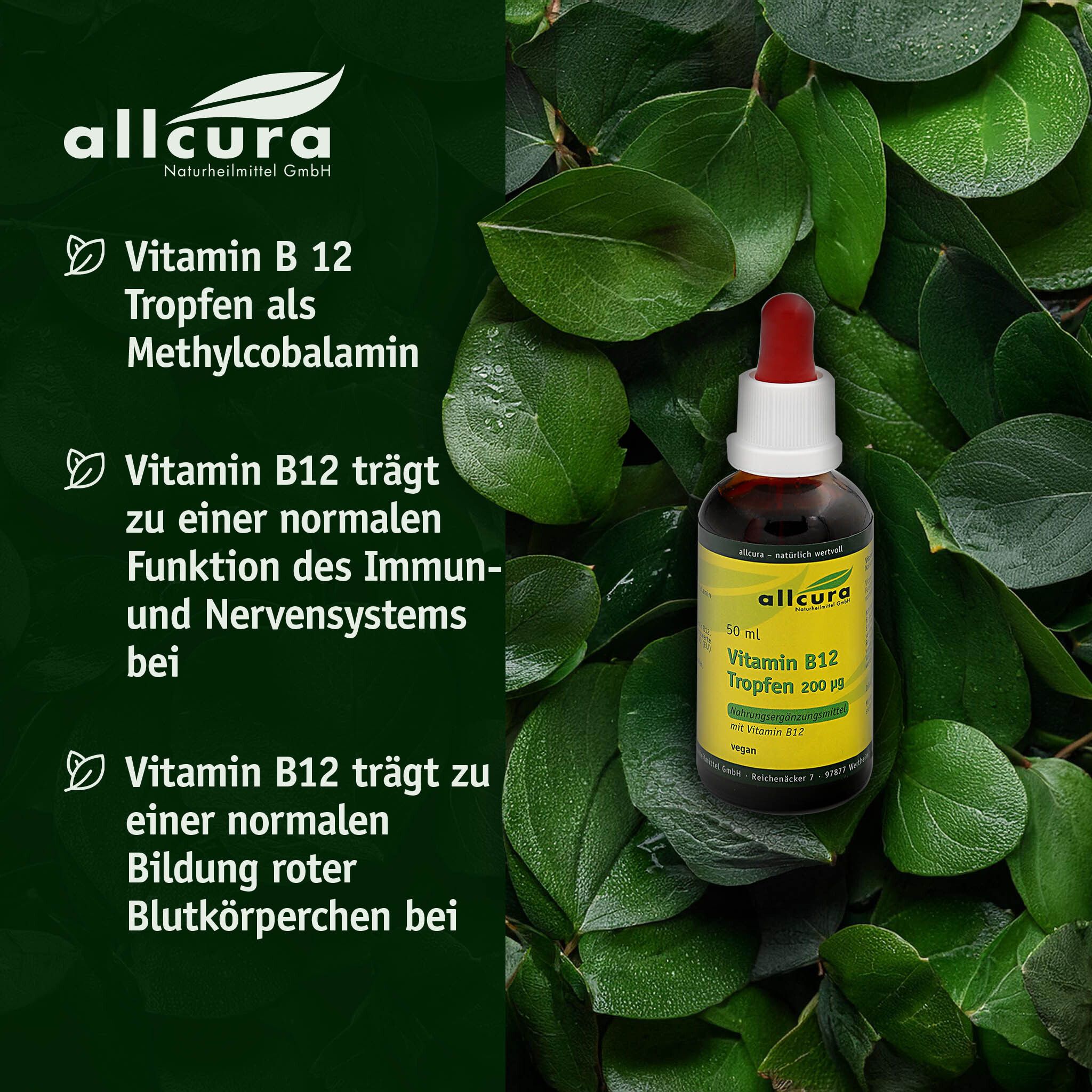 Flacon de gouttes de vitamine B12 sur fond vert. Texte : Gouttes de vitamine B12 comme méthylcobalamine.