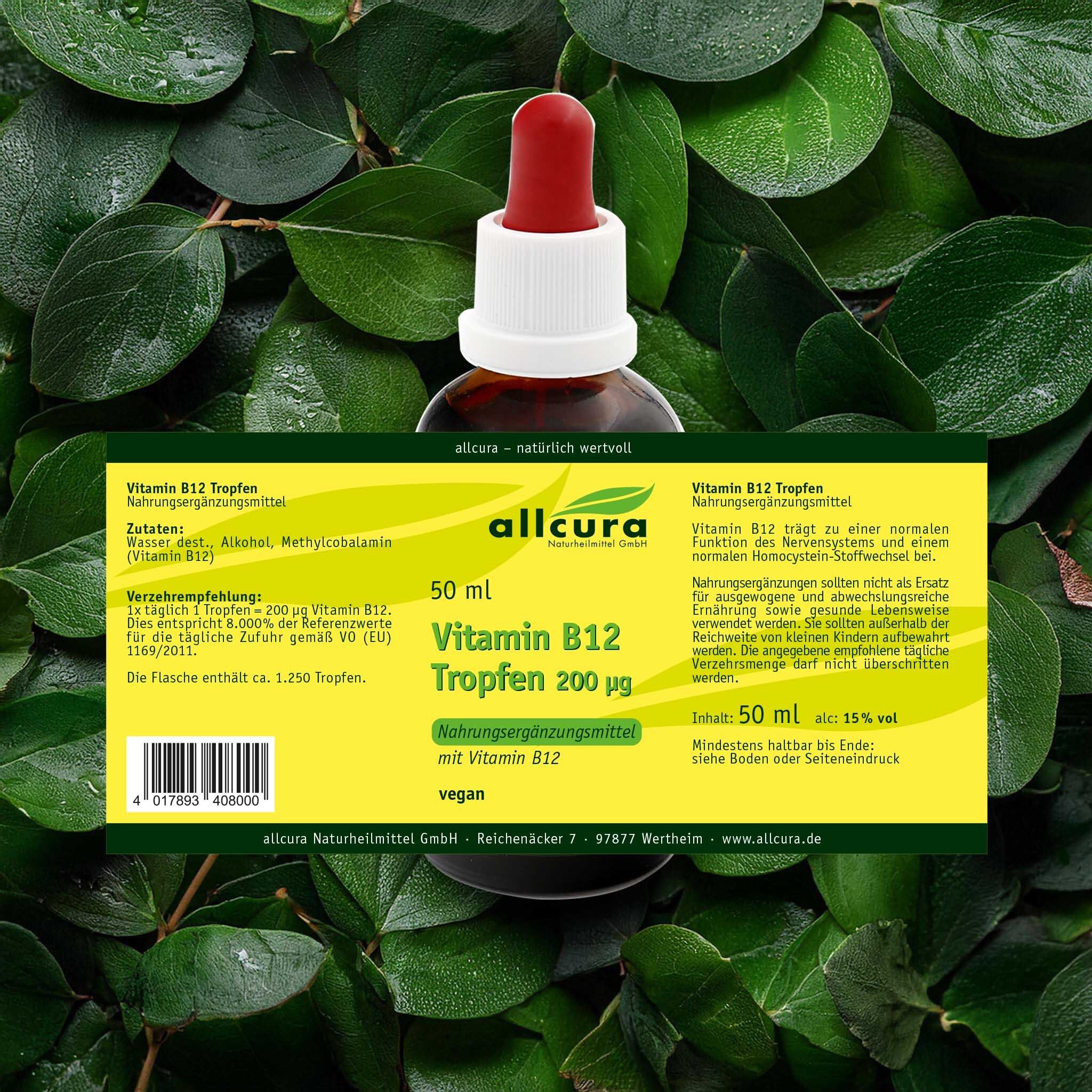 Flacon de gouttes de vitamine B12 sur fond vert. Inscription : allcura Vitamin B12 Tropfen 200 µg.