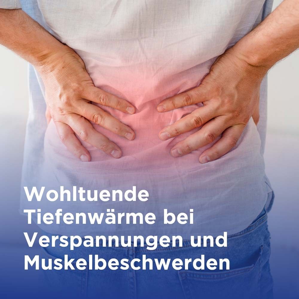 Personne tenant ses mains sur le bas du dos douloureux. Texte : Chaleur profonde apaisante pour les tensions et les douleurs musculaires.