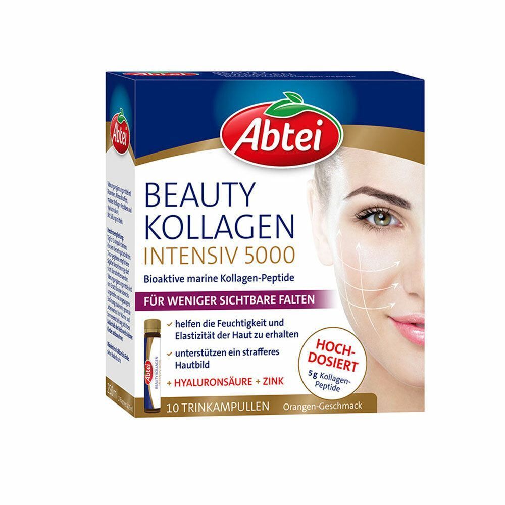 Karton von Abtei Beauty Kollagen Intensiv 5000. Enthält 10 Trinkampullen. Aufdruck: Beauty Kollagen, marine Peptide, für weniger sichtbare Falten.