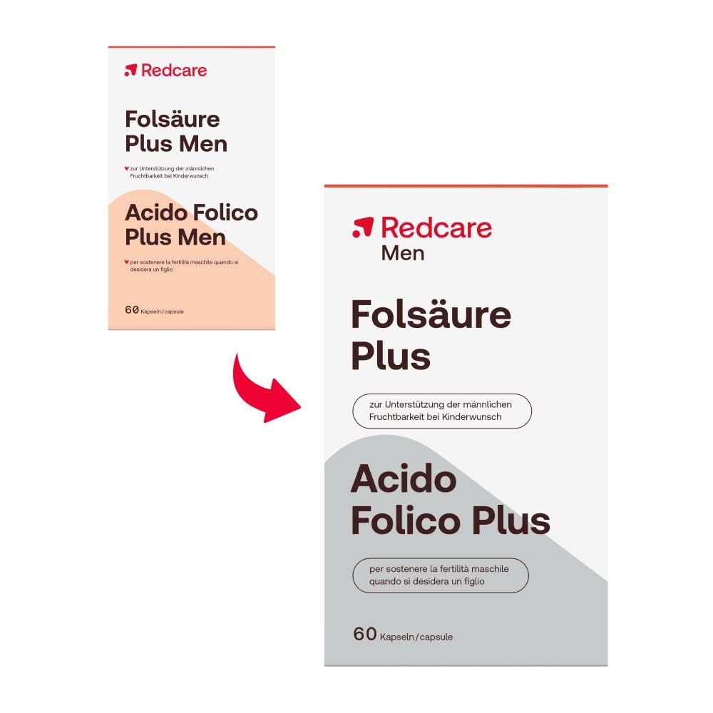 Vergleich von zwei Redcare Folsäure Plus Men Packungen.