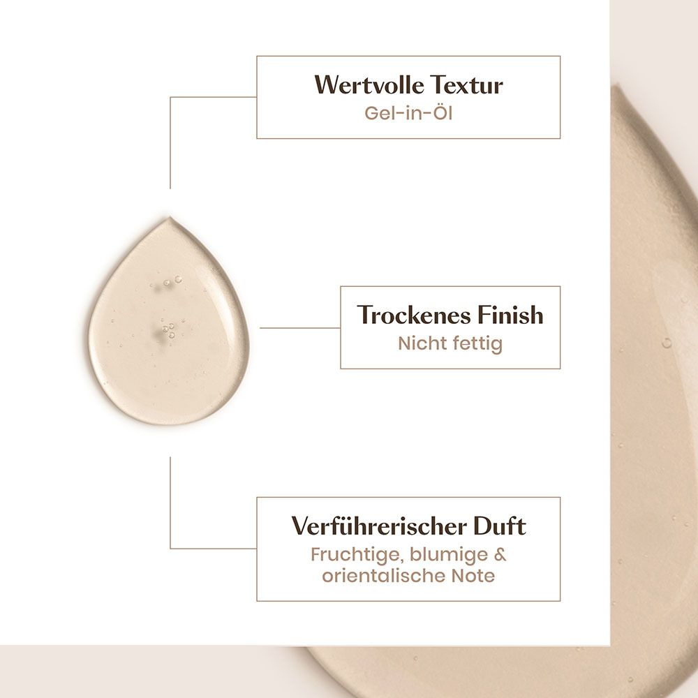 Texture en forme de goutte. Texte: Texture précieuse gel-en-huile, Finition sèche, Non gras, Parfum séduisant.