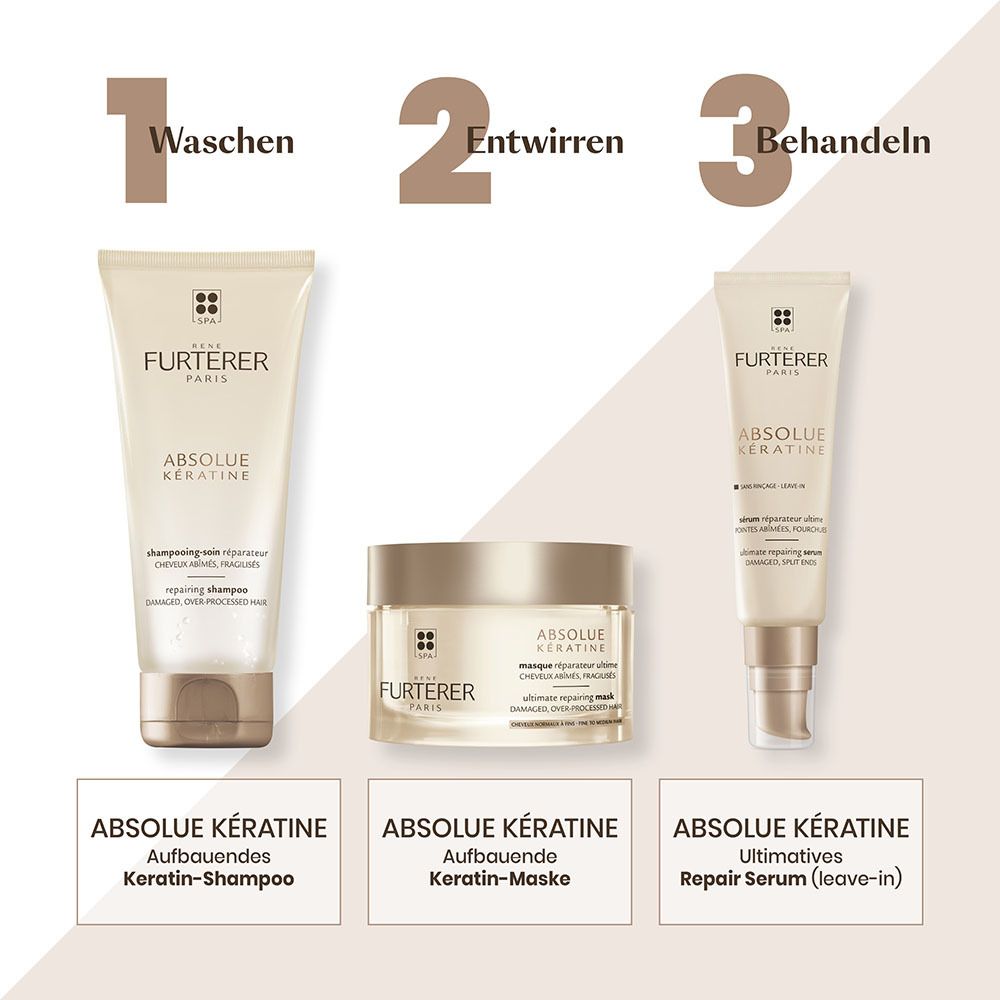 Trois produits: Shampooing, masque, sérum. Texte: ABSOLUE KÉRATINE, Shampooing kératine reconstructeur, masque, sérum réparateur ultime.