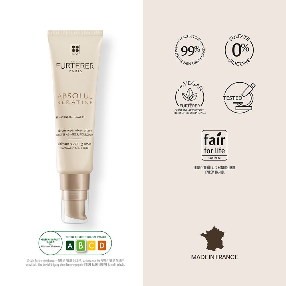 Tube avec pompe. Texte: ABSOLUE KÉRATINE, sérum réparateur ultime pointes abîmées, fourchues. Sceaux: 99% ingrédients naturels.