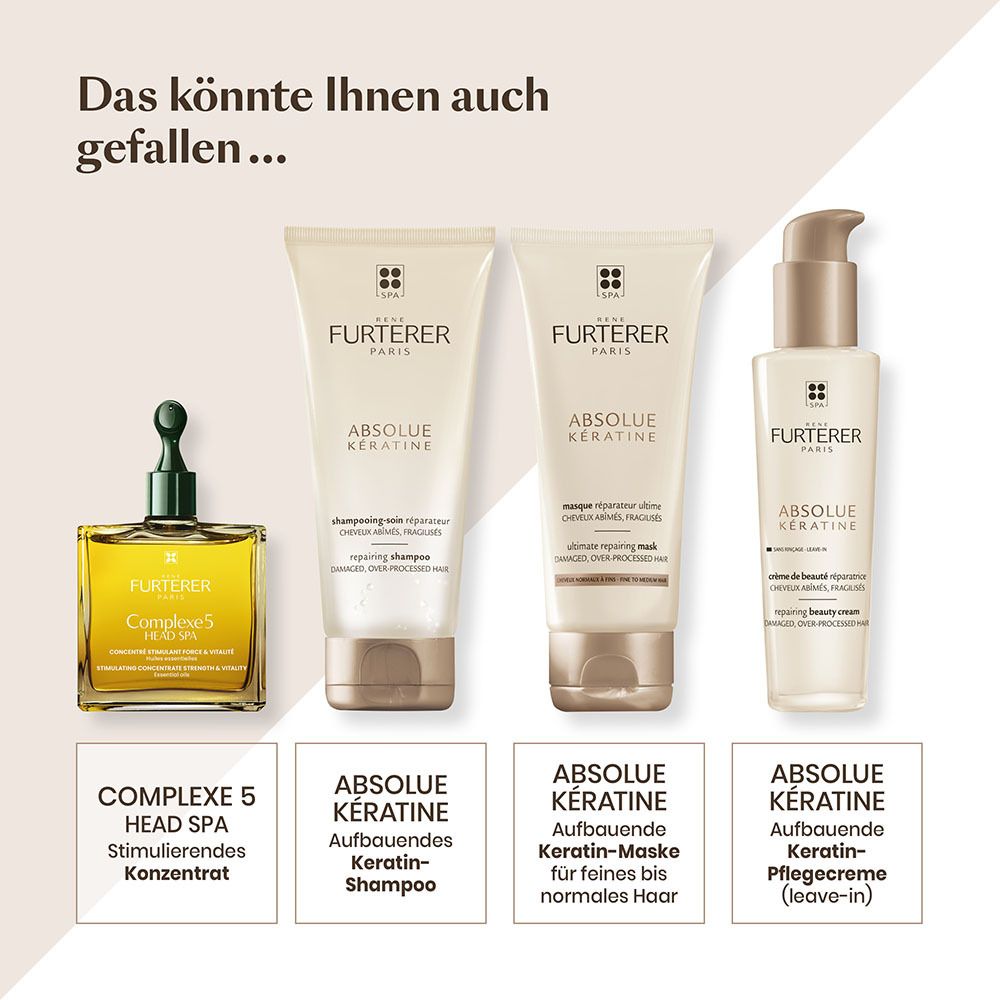 Quatre produits: Huile, shampooing, masque, crème. Texte: COMPLEXE 5, ABSOLUE KÉRATINE, Shampooing kératine reconstructeur, masque, crème.