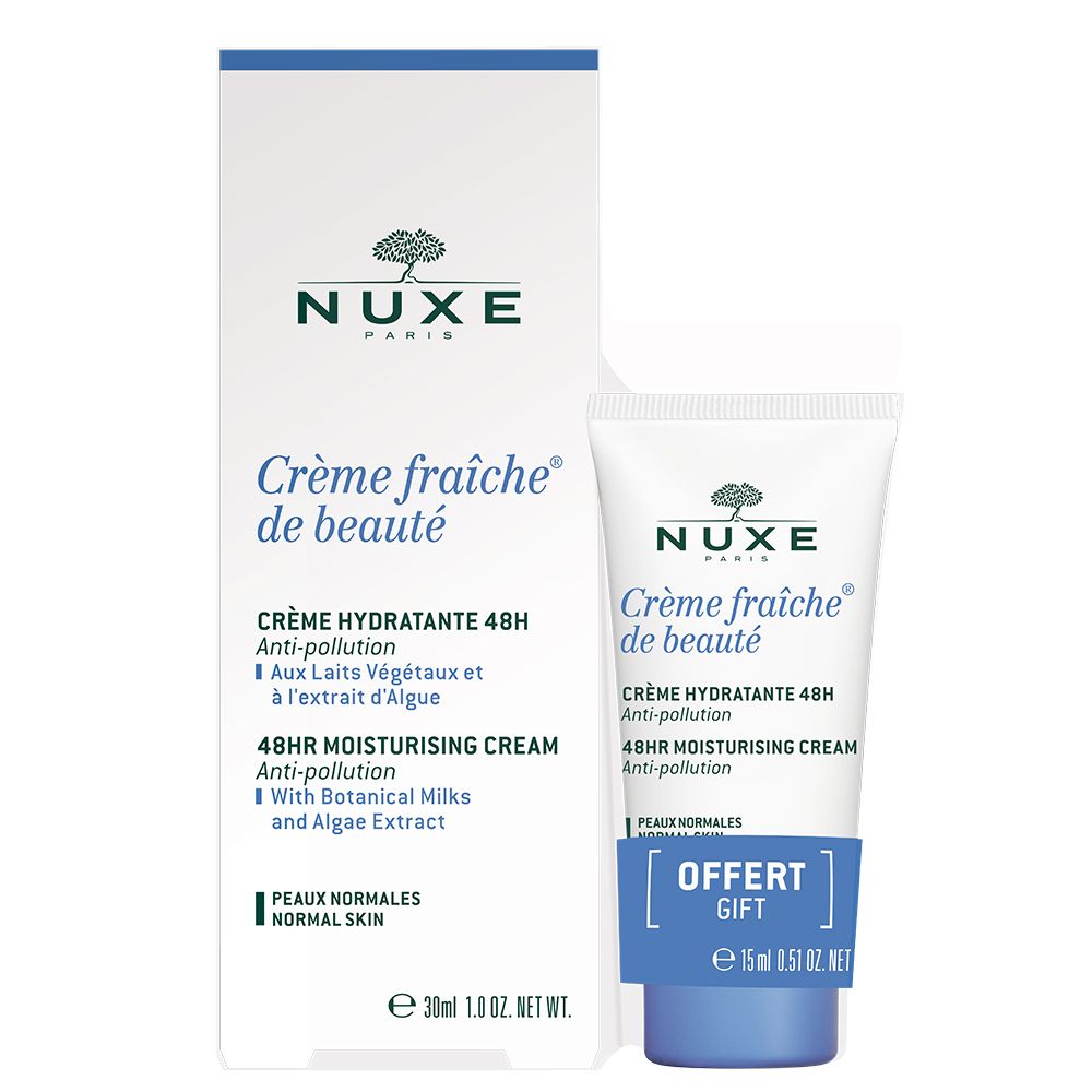 Creme Fraîche® de Beauté Feuchtigkeitscreme und Reisegröße. Weiße Tube und Schachtel mit Produktnamen und Logo.