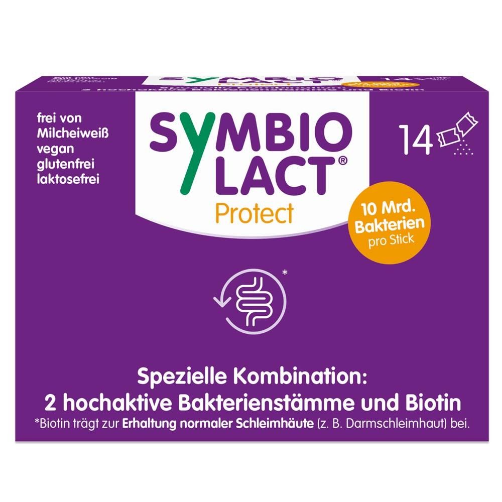 Boîte violette SymbioLact Protect. 14 sticks, 10 milliards de bactéries par stick. Combinaison avec 2 souches bactériennes et biotine.