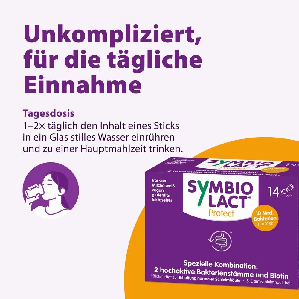 Femme buvant dans un verre. Texte : Simple, pour une prise quotidienne. Mélanger 1 à 2 fois par jour dans l'eau. Paquet SymbioLact Protect.