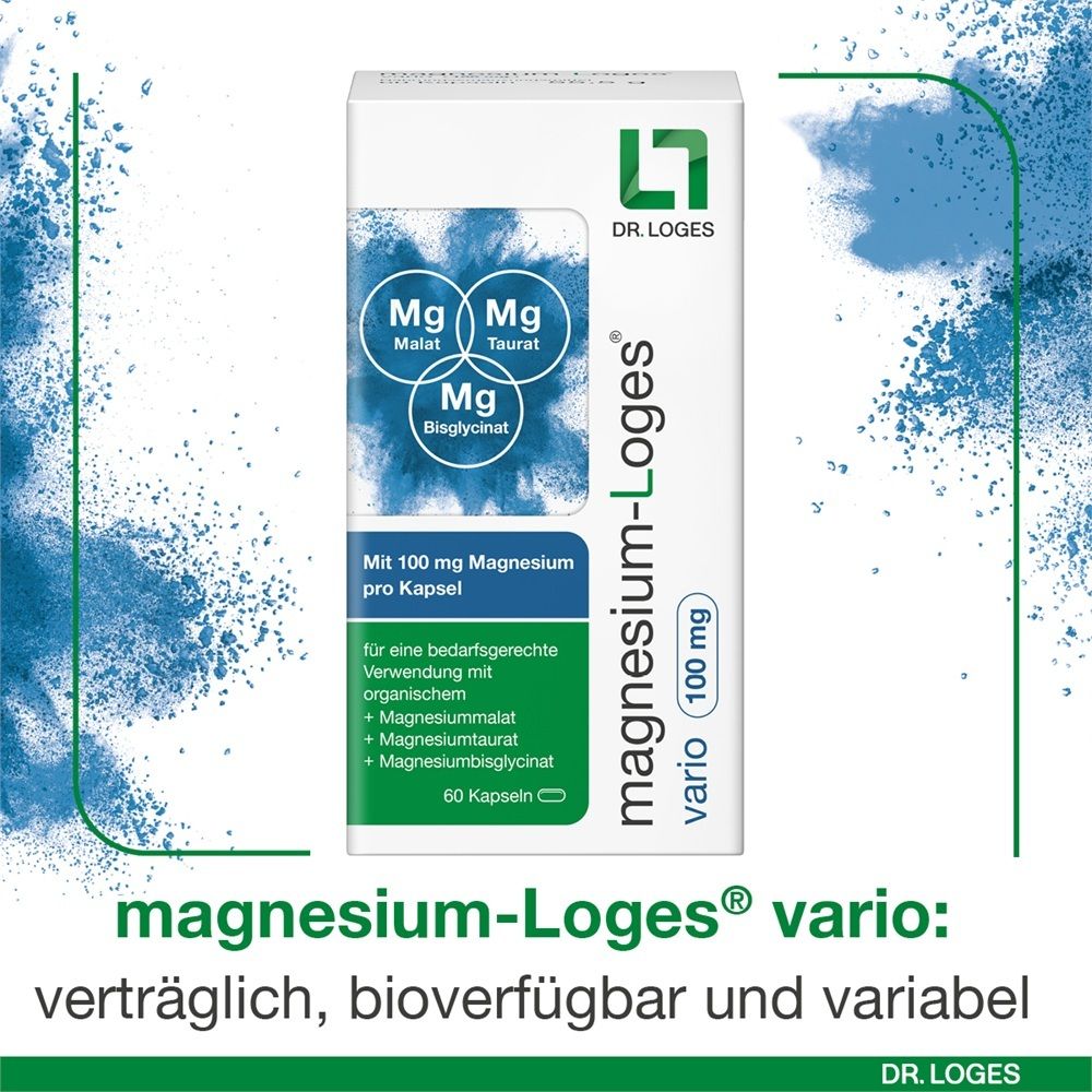 Emballage et flacon de Magnesium-Loges® vario 100 mg.