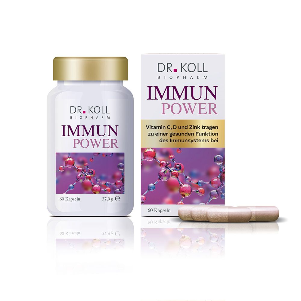 Boîte et étui DR. KOLL IMMUN POWER avec motif moléculaire.