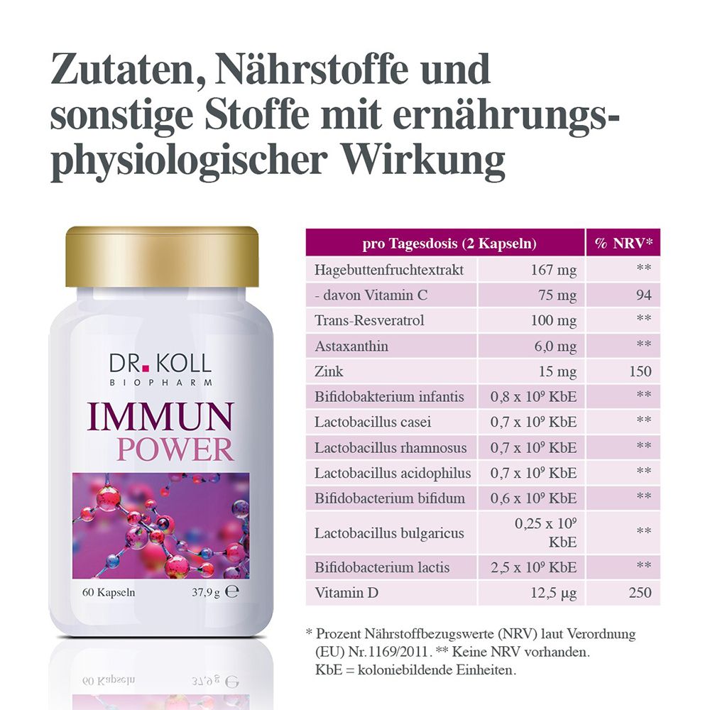 Boîte de capsules DR. KOLL IMMUN POWER à côté d'un tableau nutritionnel.
