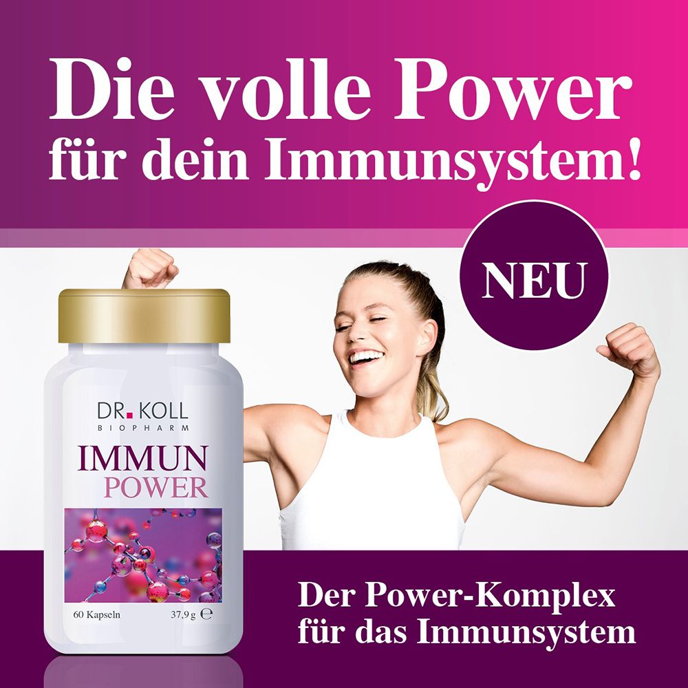 Boîte DR. KOLL IMMUN POWER à côté d'une femme souriante faisant du sport.