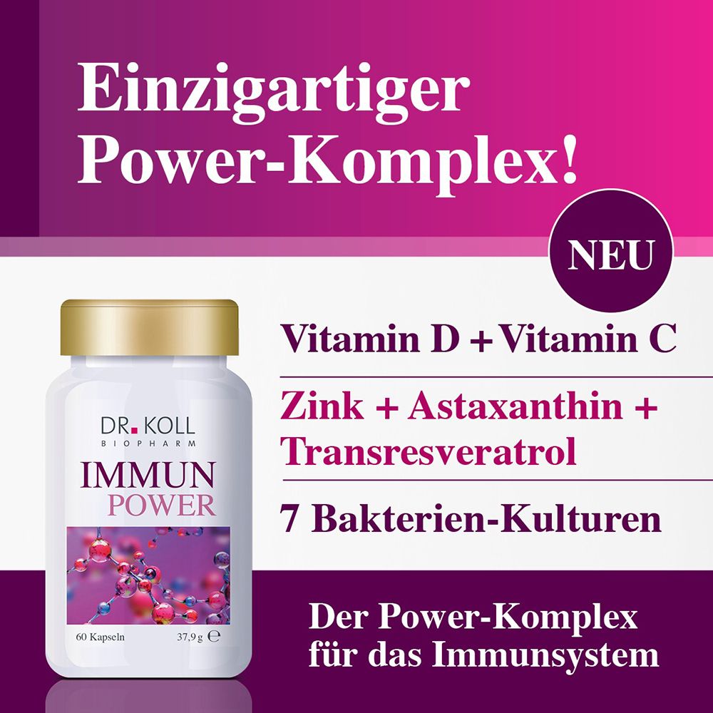 Boîte DR. KOLL IMMUN POWER avec liste des ingrédients : Vitamine D, C, Zinc, Astaxanthine.