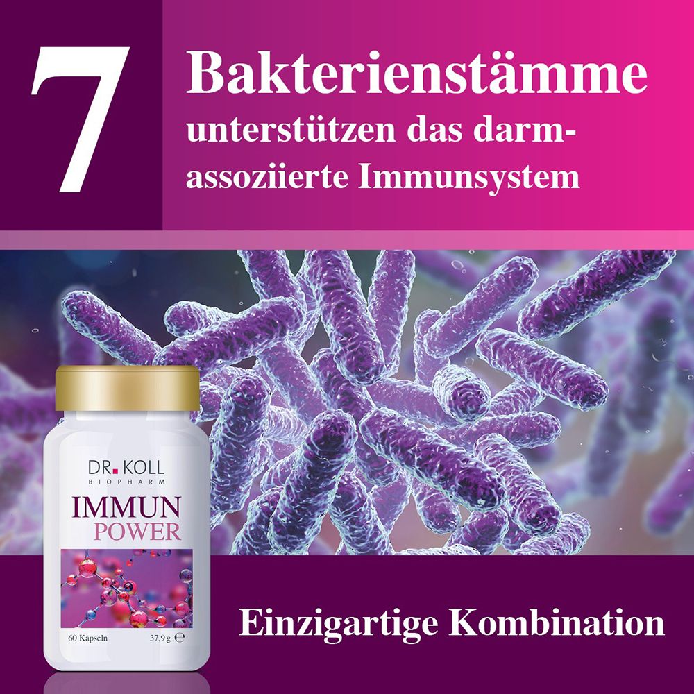 Boîte DR. KOLL IMMUN POWER devant un gros plan de cultures bactériennes.