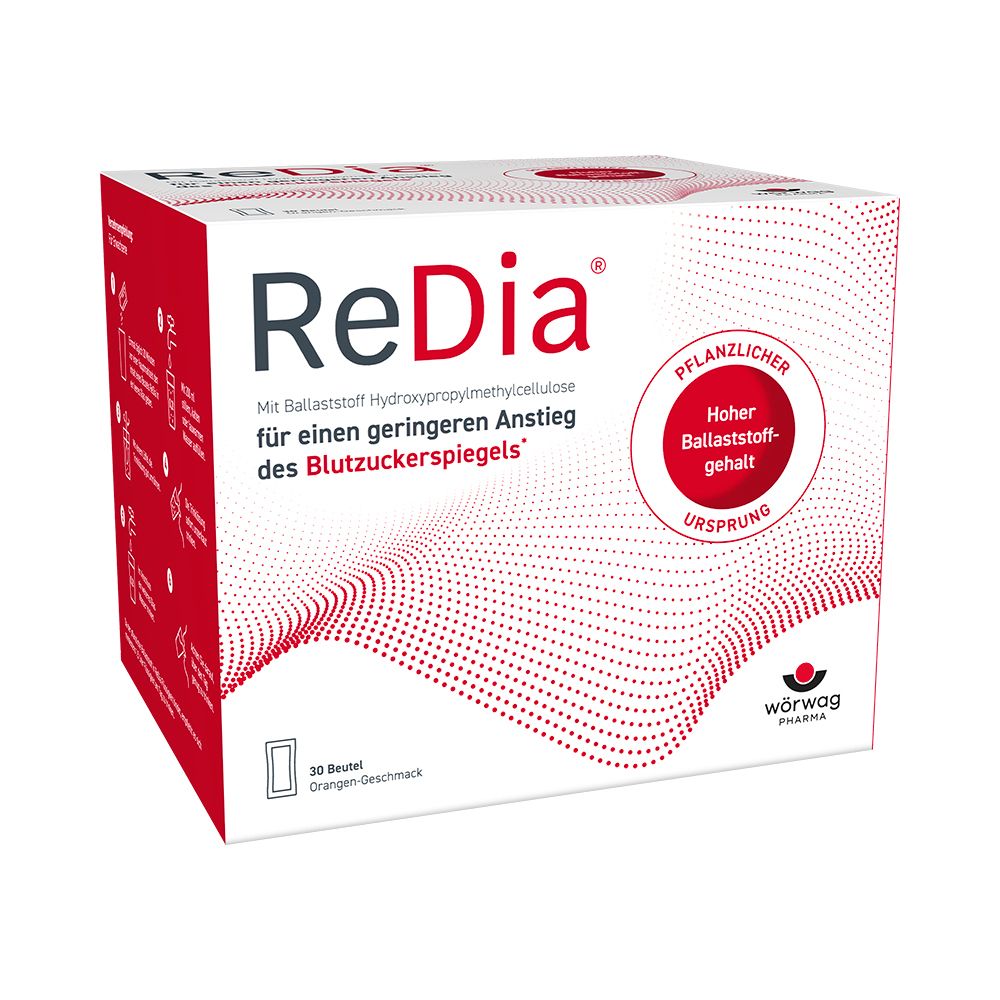 ReDia®-Box. Rote und weiße Verpackung mit Produktnamen und Text. Enthält 30 Beutel. Wörwag Pharma Logo.