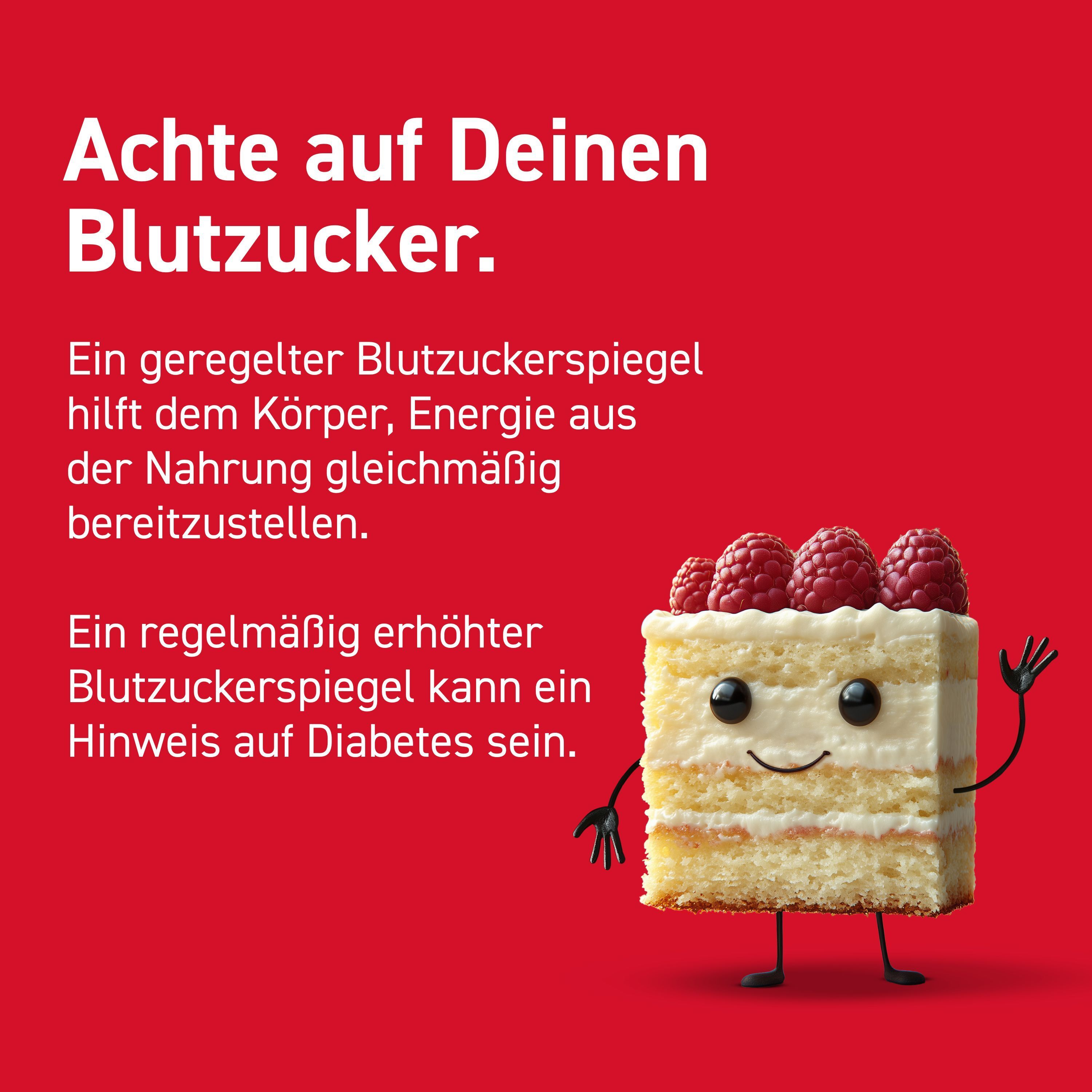 Roter Hintergrund mit Text und Kuchen-Cartoon. Text: Achte auf Deinen Blutzucker. Ein geregelter Blutzuckerspiegel.