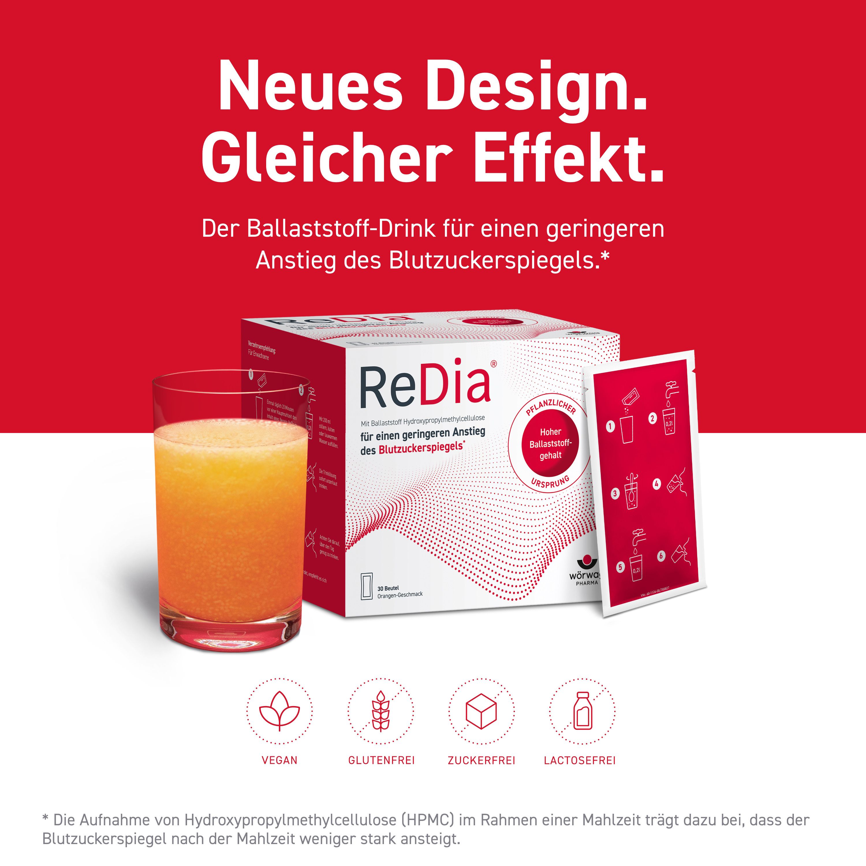 Werbung mit Getränk, Box und Beutel. Text: Neues Design. Gleicher Effekt. Vegan, glutenfrei, zuckerfrei, laktosefrei.