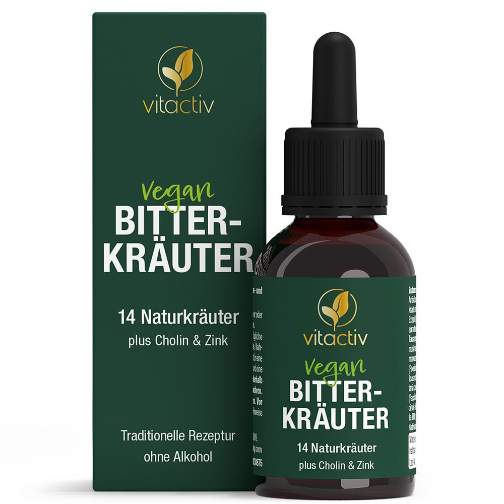 Braune Glasflasche und grüne Schachtel. Aufschrift: Vitactiv Vegan Bitterkräuter, 14 Naturkräuter, plus Cholin & Zink.
