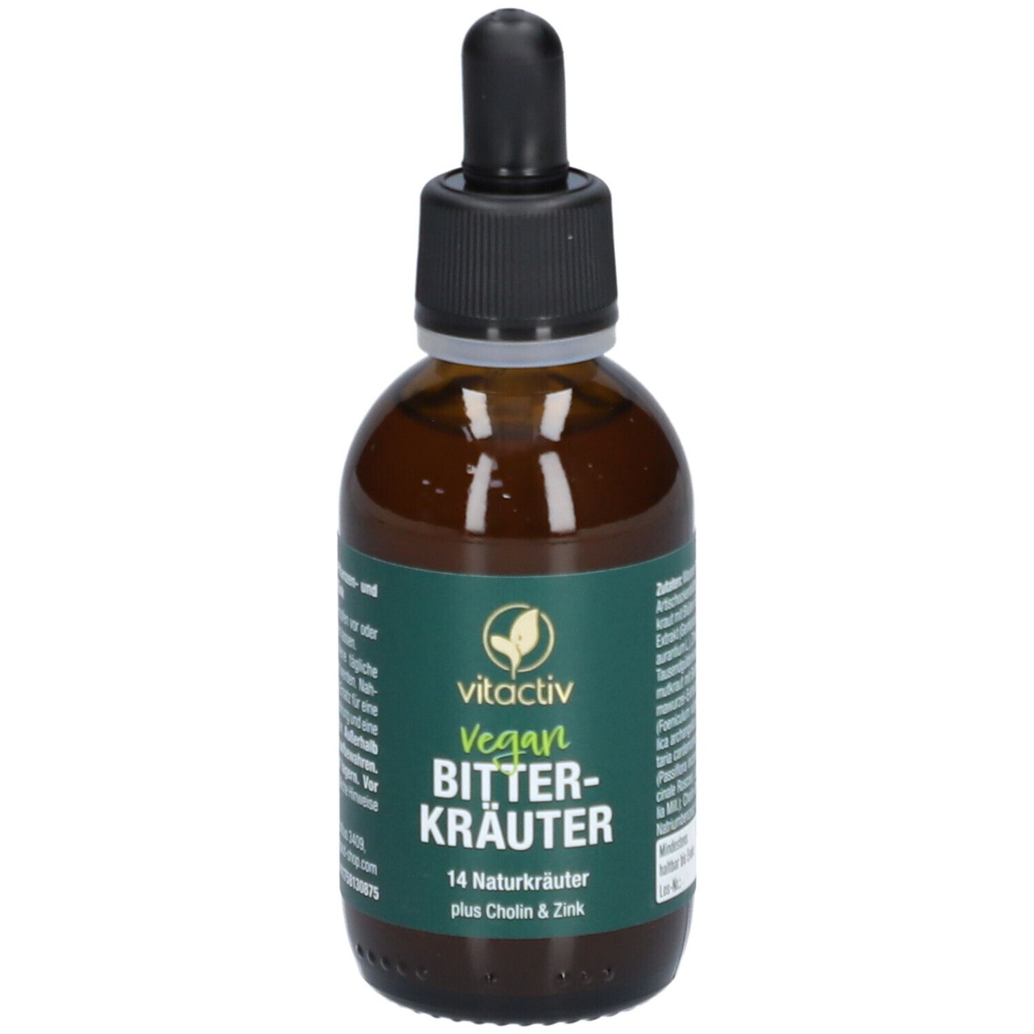 Braune Glasflasche mit Tropfer. Aufschrift: Vitactiv Vegan Bitterkräuter, 14 Naturkräuter plus Cholin & Zink.
