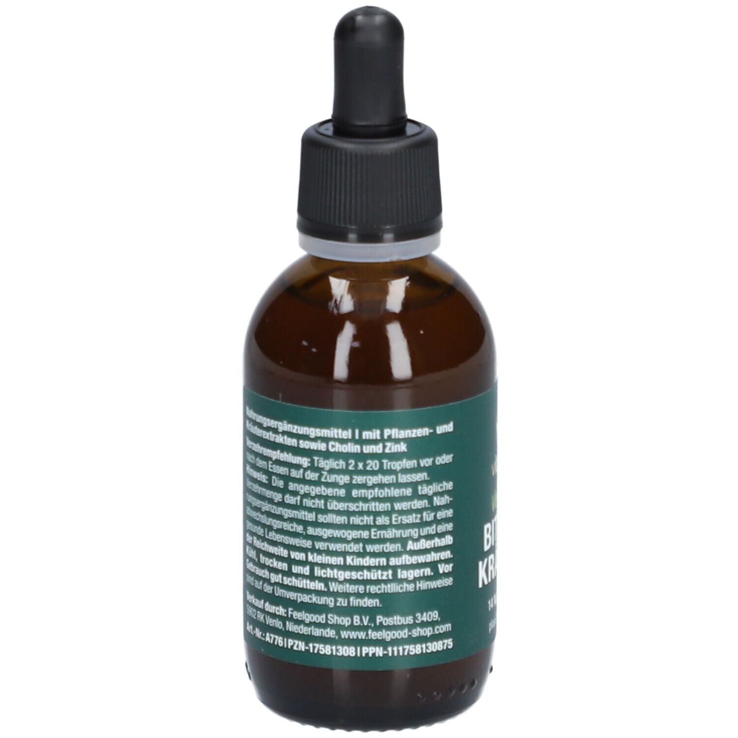 Braune Glasflasche mit Tropfer. Aufschrift: Vitactiv Vegan Bitterkräuter, 14 Naturkräuter plus Cholin & Zink.