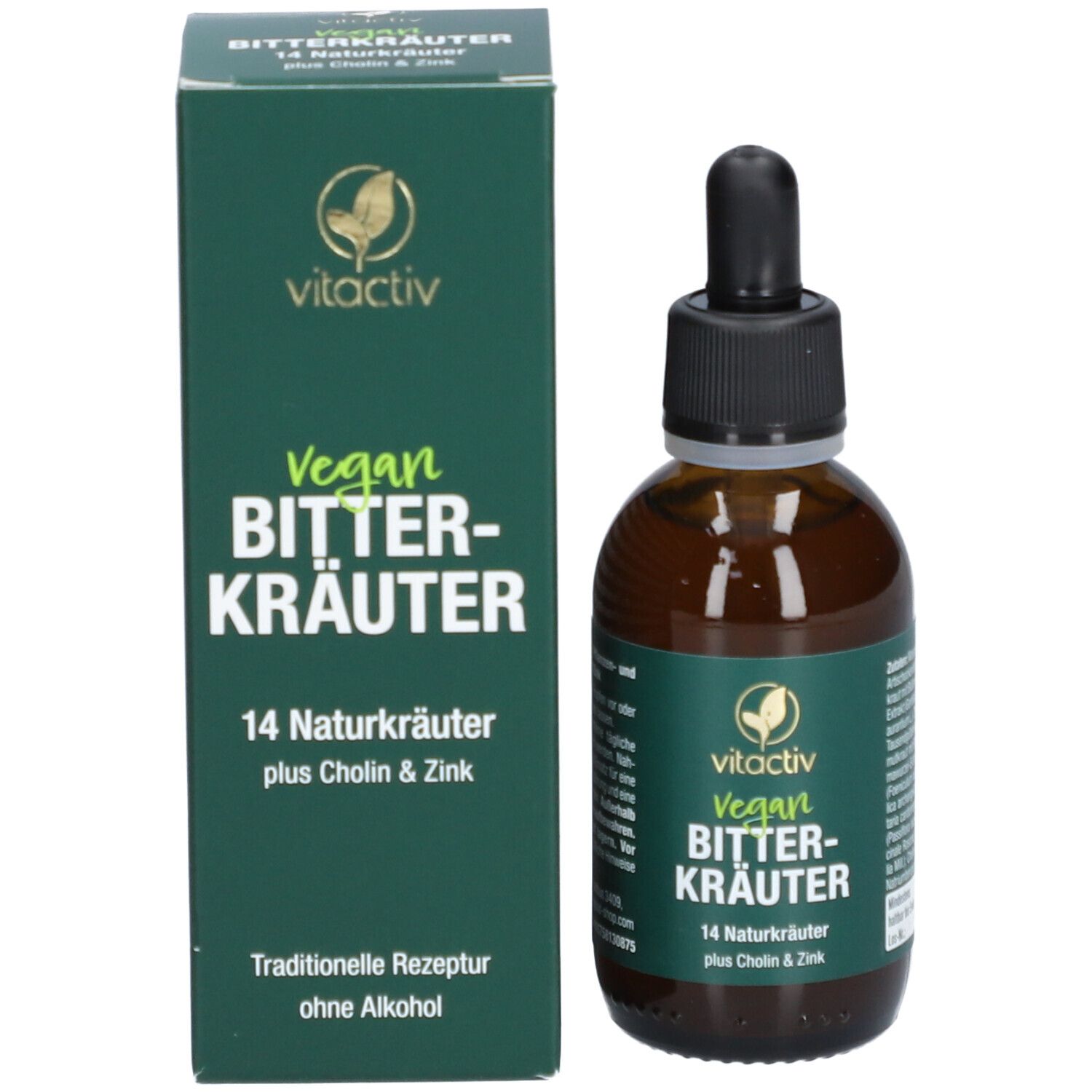 Grüne Schachtel. Aufschrift: Vitactiv Vegan Bitterkräuter, 14 Naturkräuter, plus Cholin & Zink.