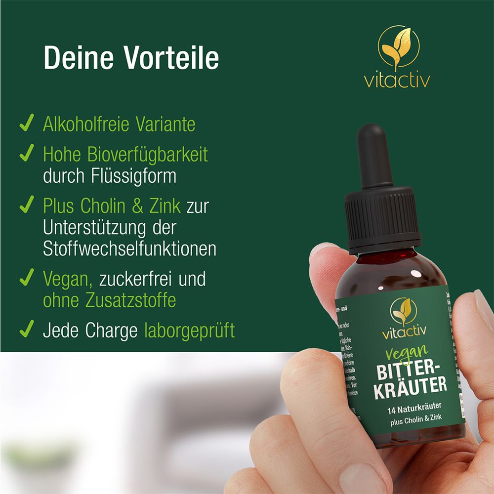 Hand hält Flasche. Text: Vorteile: alkoholfrei, hohe Bioverfügbarkeit, plus Cholin & Zink, vegan, zuckerfrei, laborgeprüft.