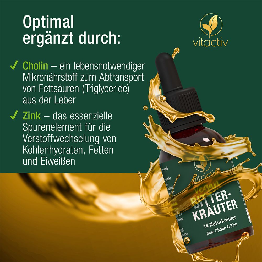 Flüssigkeit spritzt aus Flasche. Text: Cholin, ein Mikronährstoff, Zink, ein Spurenelement.