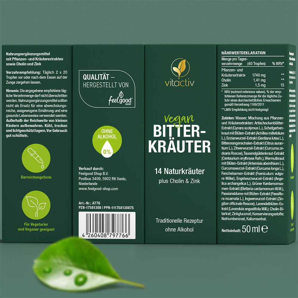 Rückseite der Verpackung. Text: Inhaltsstoffe, Verzehrempfehlung, Nährwertdeklaration, Hersteller, 50ml.
