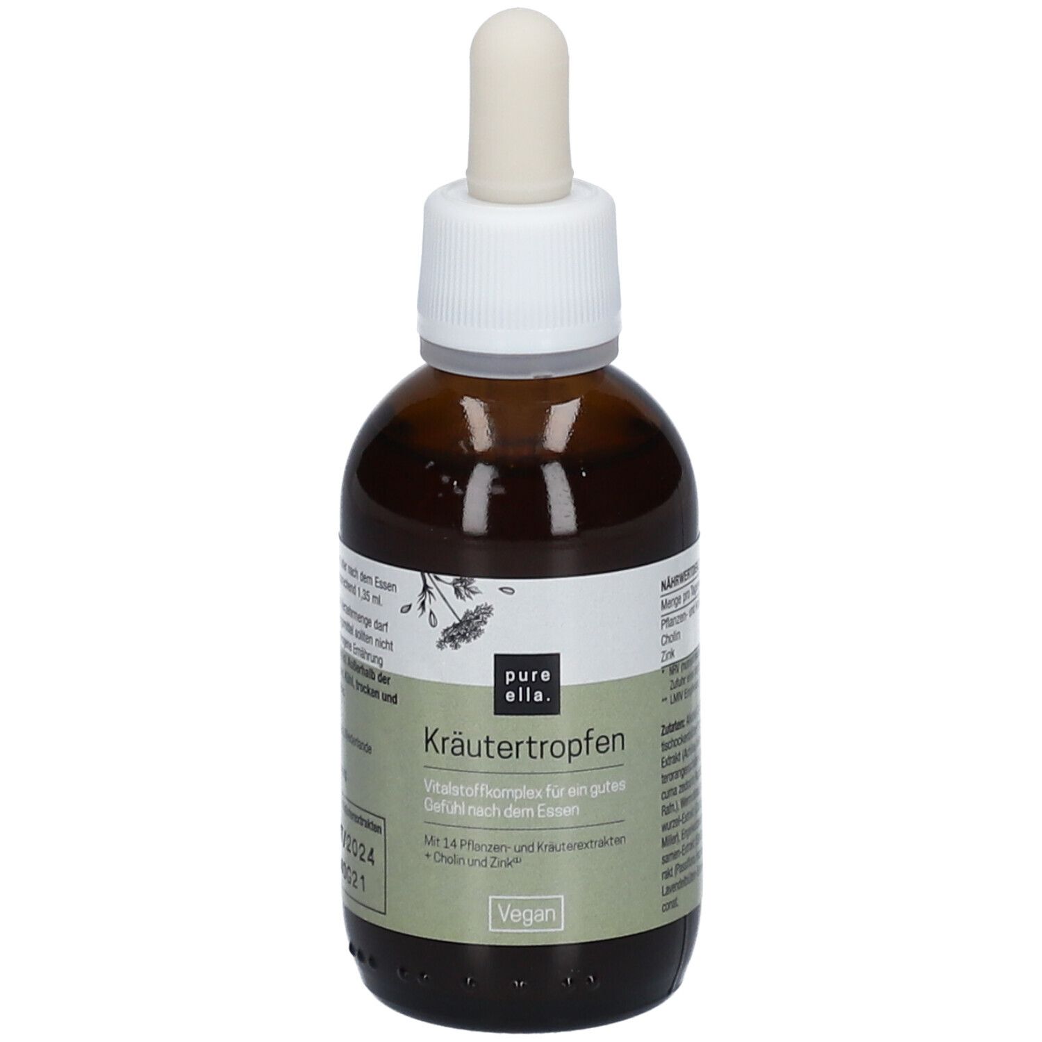 Braune Glasflasche mit Pipette. Aufschrift: pure ella. Kräutertropfen. Vegan.