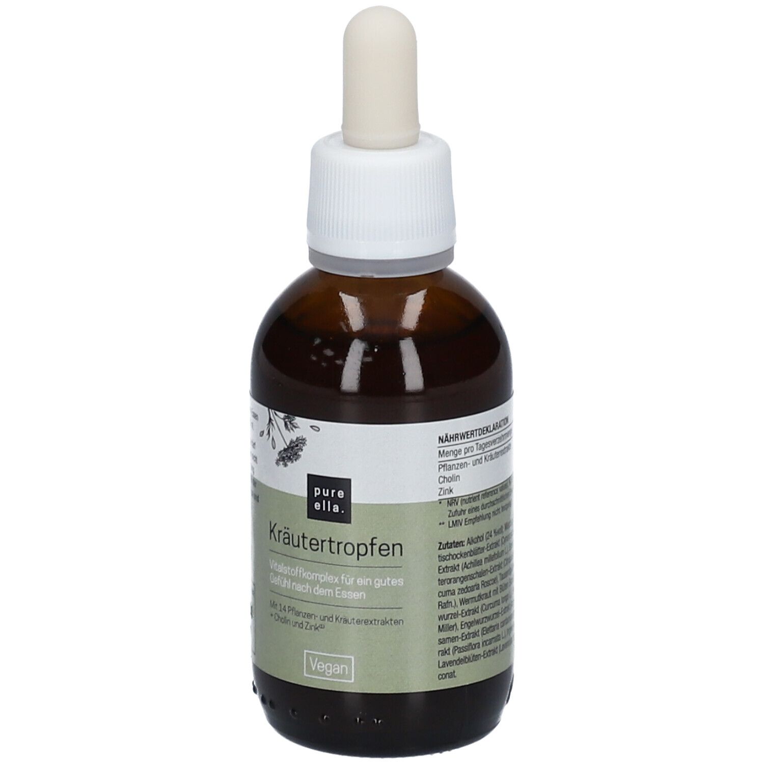 Braune Glasflasche mit Pipette. Aufschrift: pure ella. Kräutertropfen. Vegan. Nährwertdeklaration.