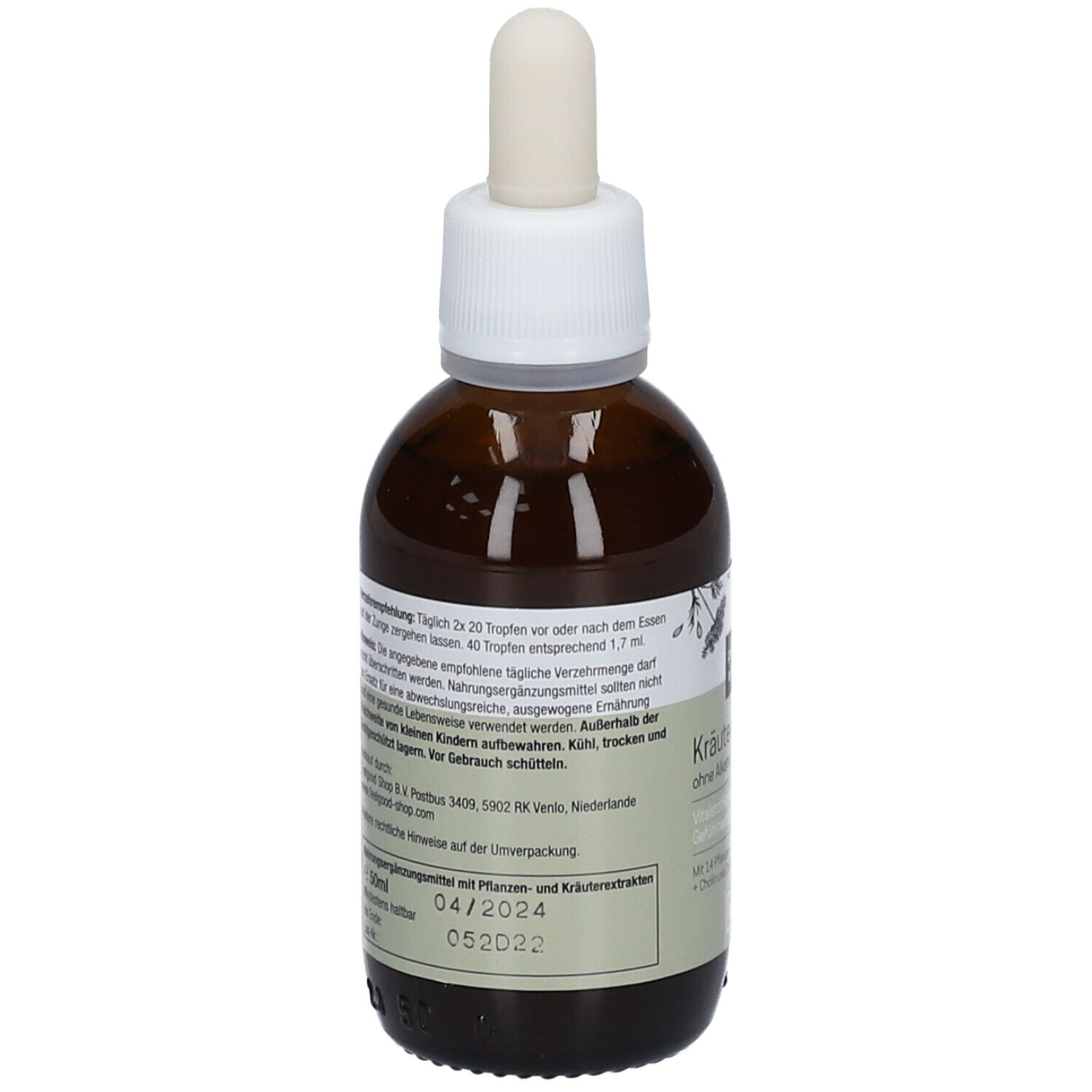 Braune Flasche mit Pipette. Aufschrift: Kräutertropfen ohne Alkohol. Vegan. Rückseite mit Text.