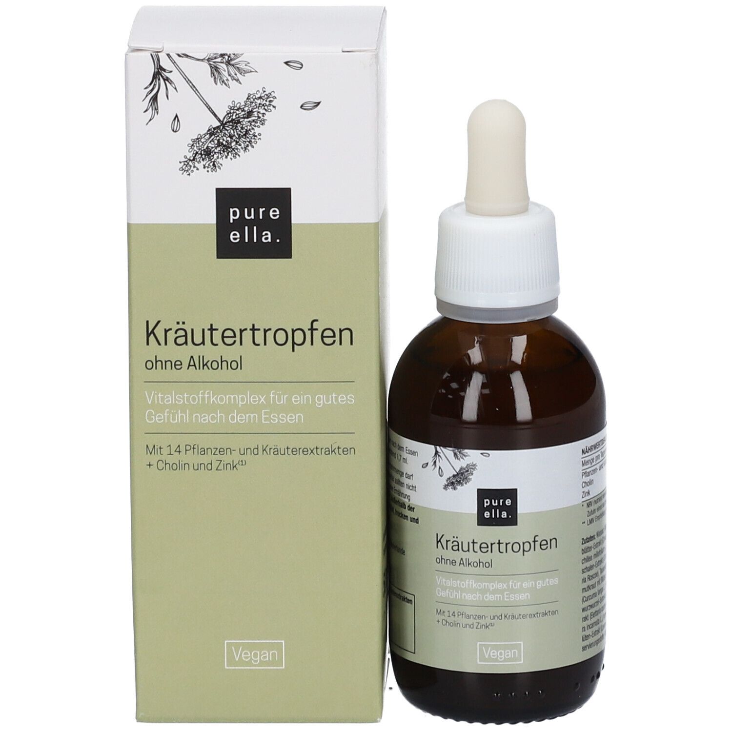 Braune Flasche mit Pipette und Karton. Aufschrift: Kräutertropfen ohne Alkohol. Vegan.