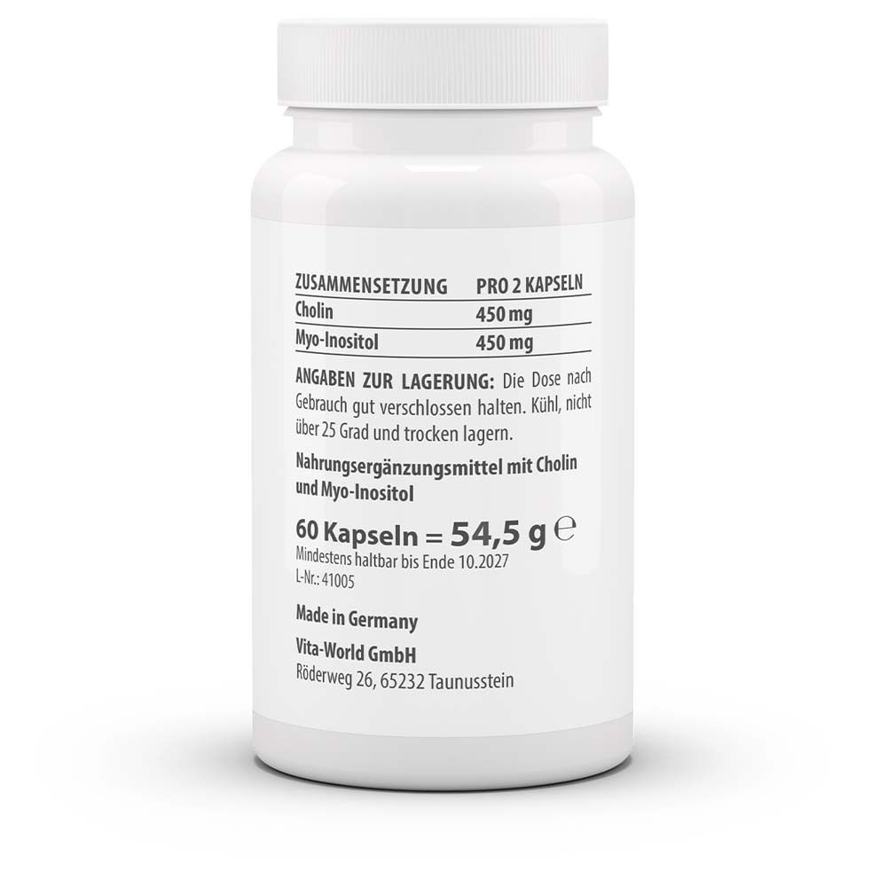 Dos de la bouteille blanche. Informations sur la composition, le stockage, les ingrédients. 60 capsules. Fabriqué en Allemagne.