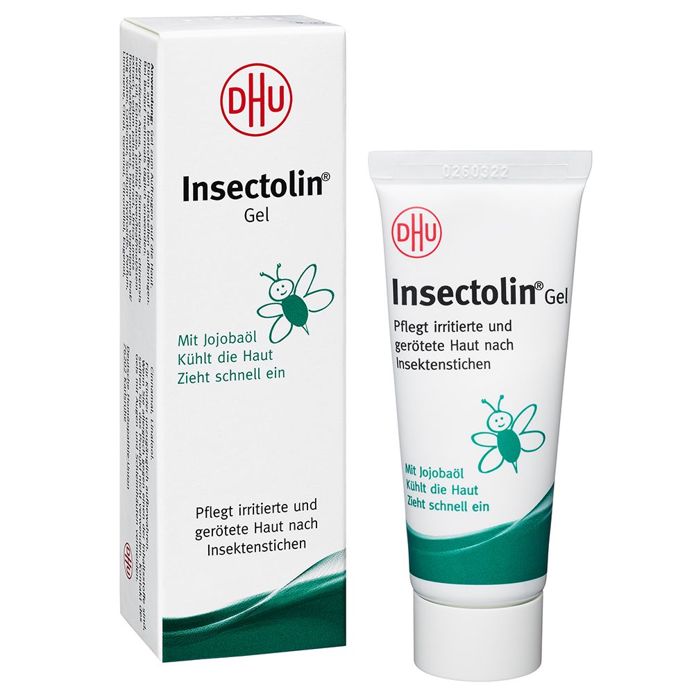 Tube und Schachtel mit DHU Insectolin® Gel. Aufschrift: Pflegt irritierte und gerötete Haut nach Insektenstichen.