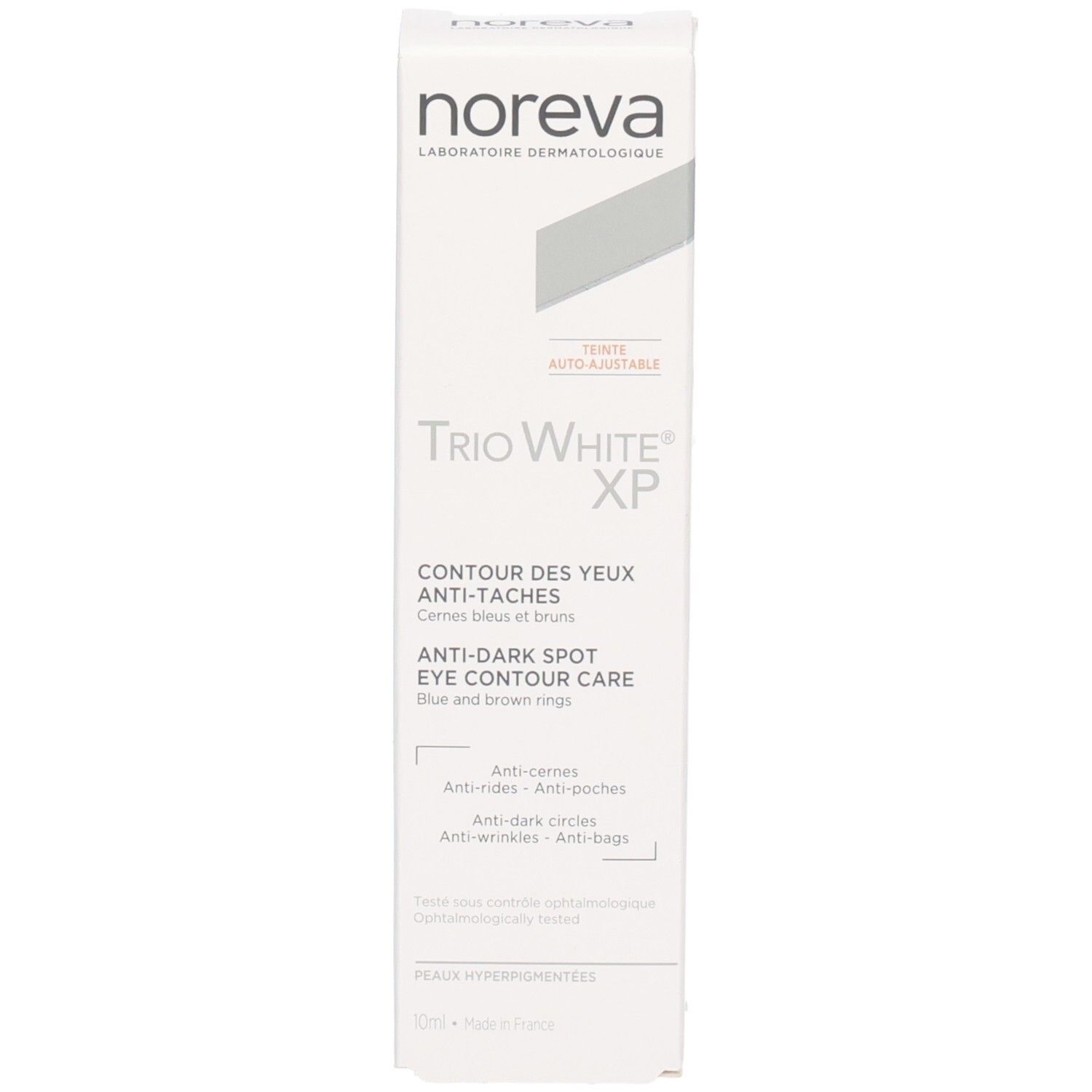 Boîte Noreva Laboratoires Trio White XP Anti-Taches Contour des Yeux avec informations produit.